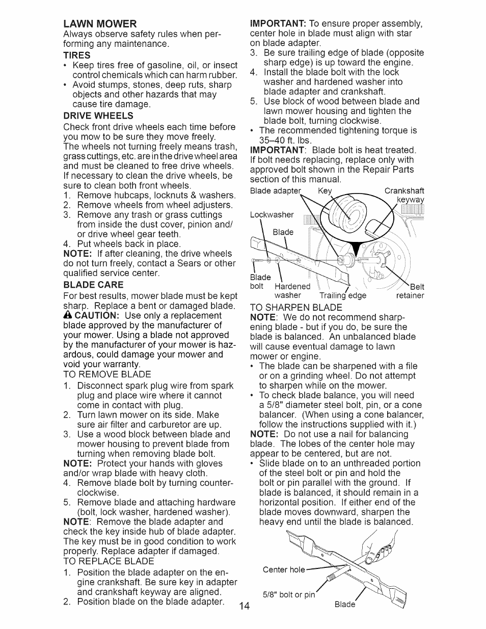 Blade care | Craftsman 917.376536 User Manual | Page 14 / 52