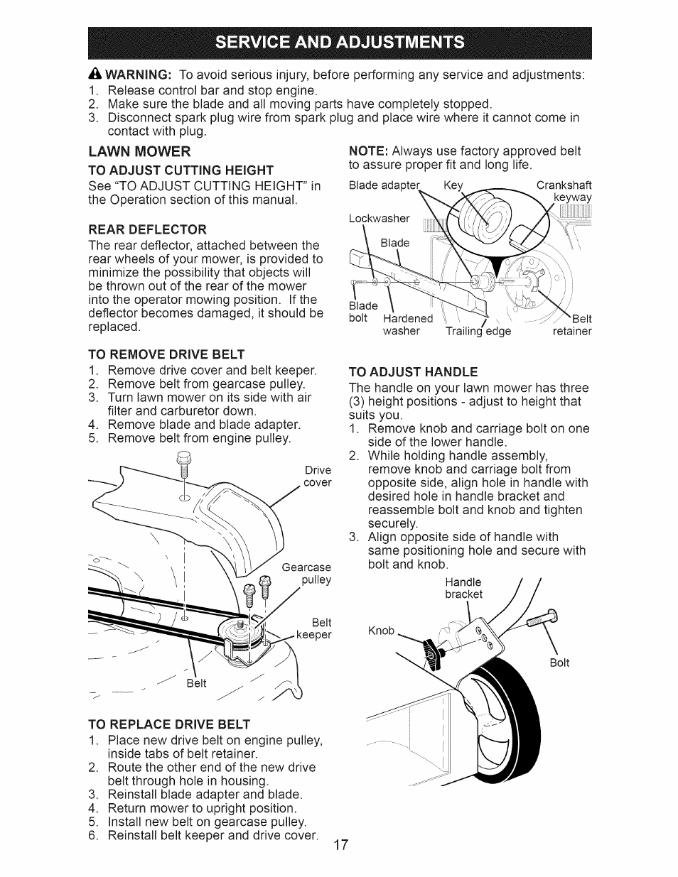 Service and adjustments, Lawn mower to adjust cutting height, Rear deflector | To remove drive belt, To replace drive belt, To adjust handle | Craftsman 917.376536 User Manual | Page 17 / 52