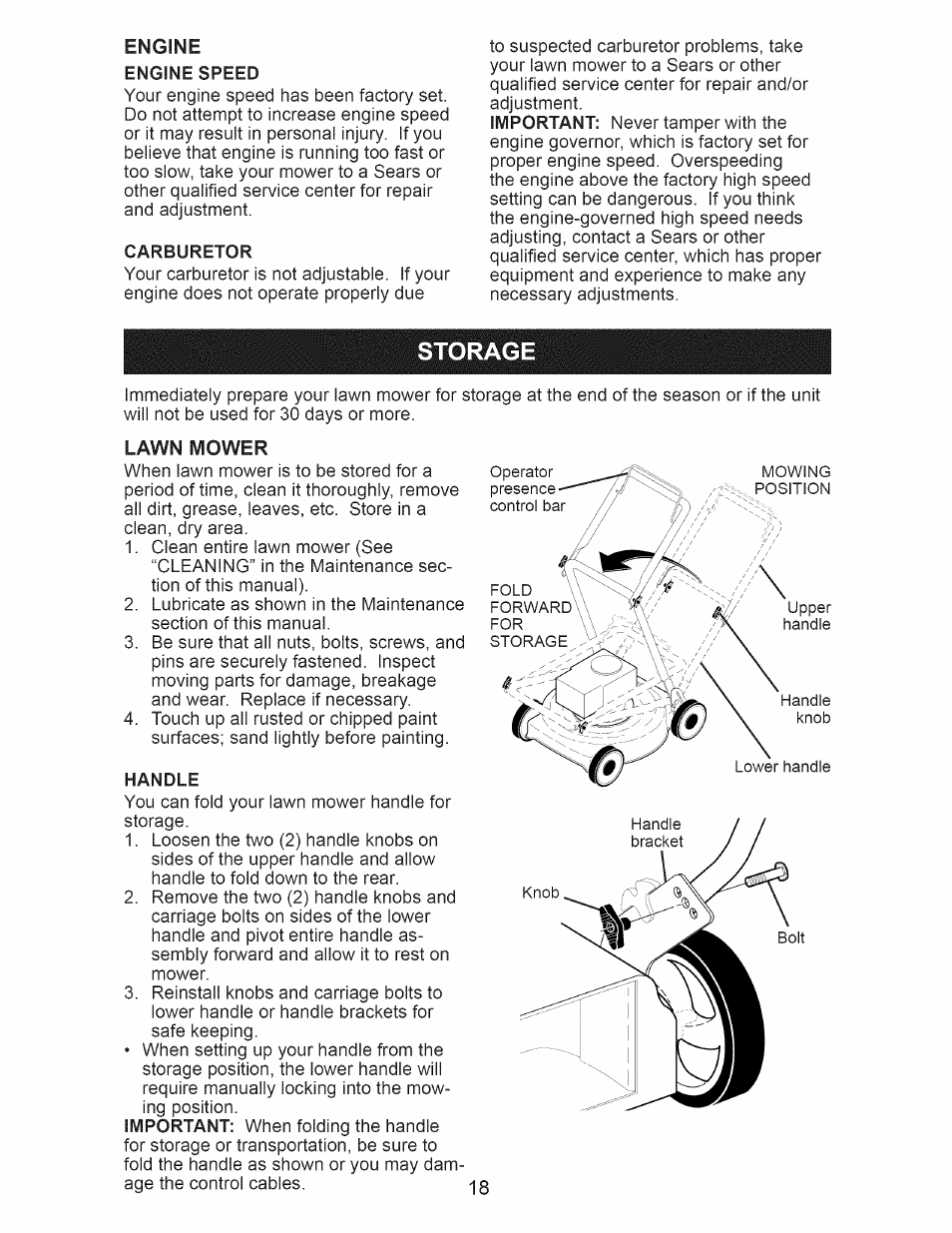 Carburetor, Storage, Handle | Craftsman 917.376536 User Manual | Page 18 / 52