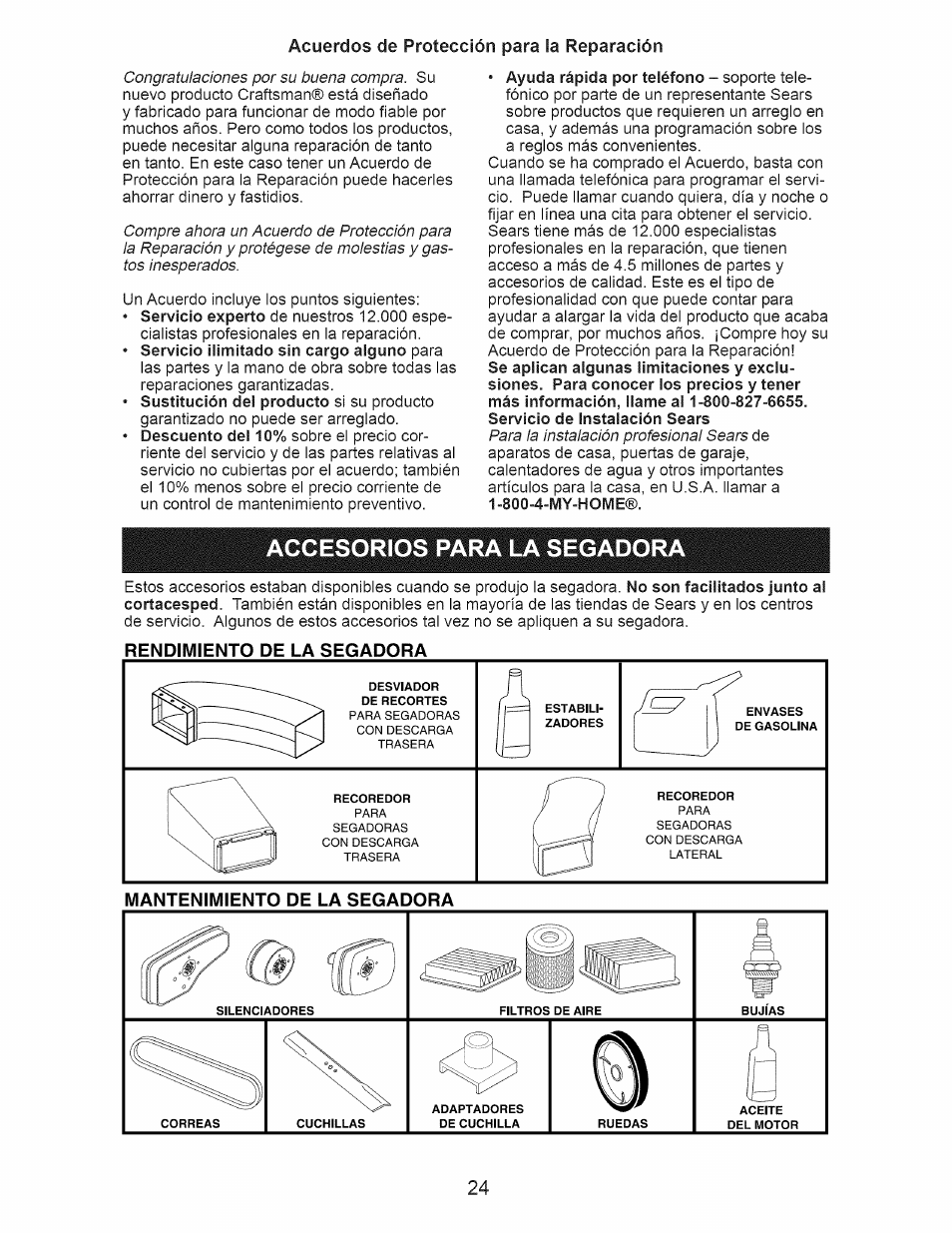 Accesorios para la segadora, Rendimiento de la segadora | Craftsman 917.376536 User Manual | Page 24 / 52
