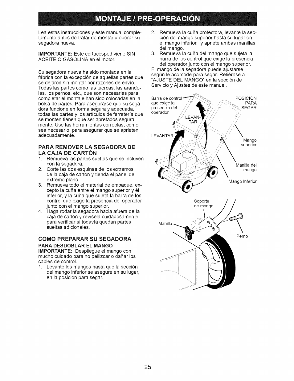 Para remover la segadora de la caja de cartón, Montaje / pre-operacion | Craftsman 917.376536 User Manual | Page 25 / 52