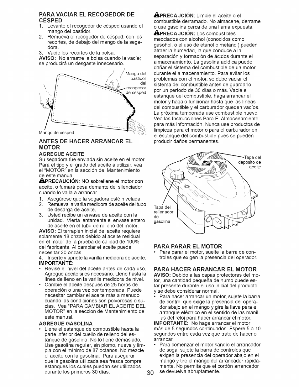 Para parar el motor, Para hacer arrancar el motor | Craftsman 917.376536 User Manual | Page 30 / 52