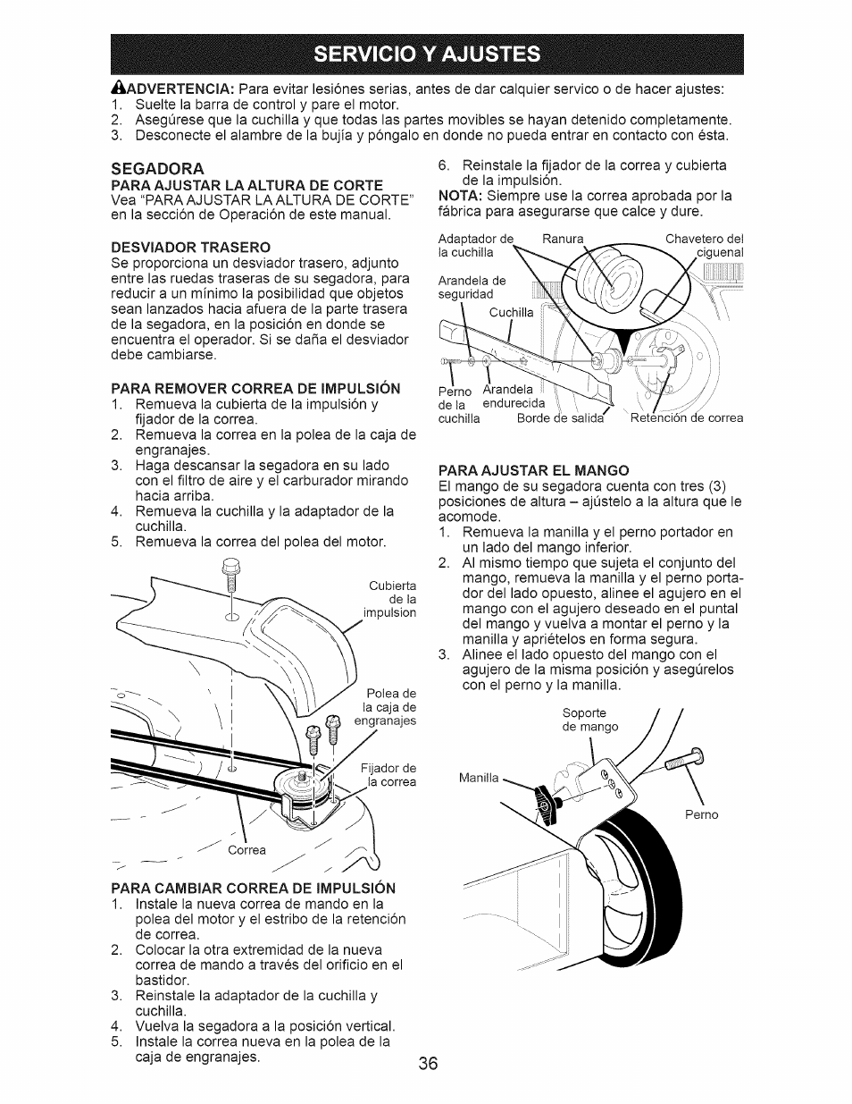 Servicio y ajustes, Segadora | Craftsman 917.376536 User Manual | Page 36 / 52