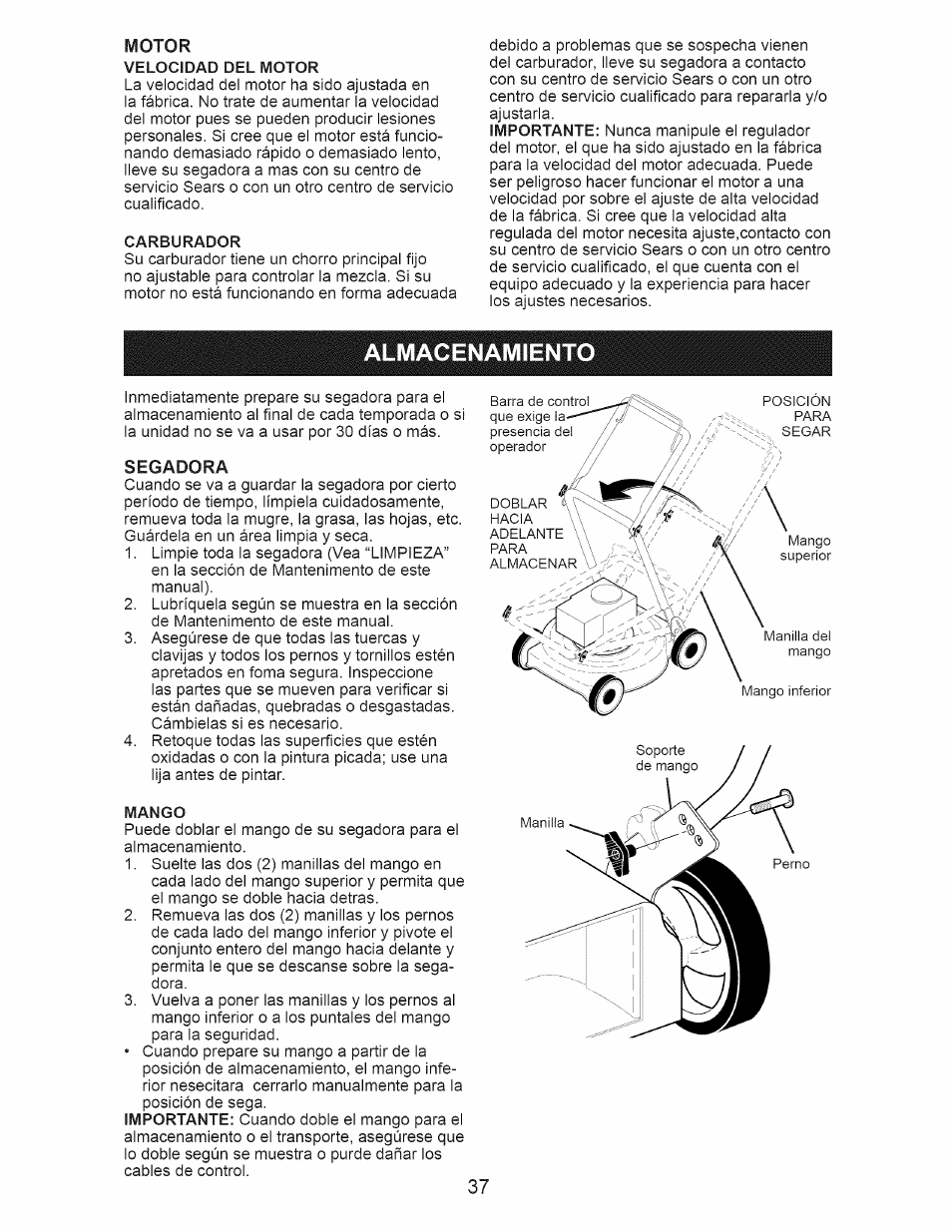 Almacenamiento, Segadora | Craftsman 917.376536 User Manual | Page 37 / 52