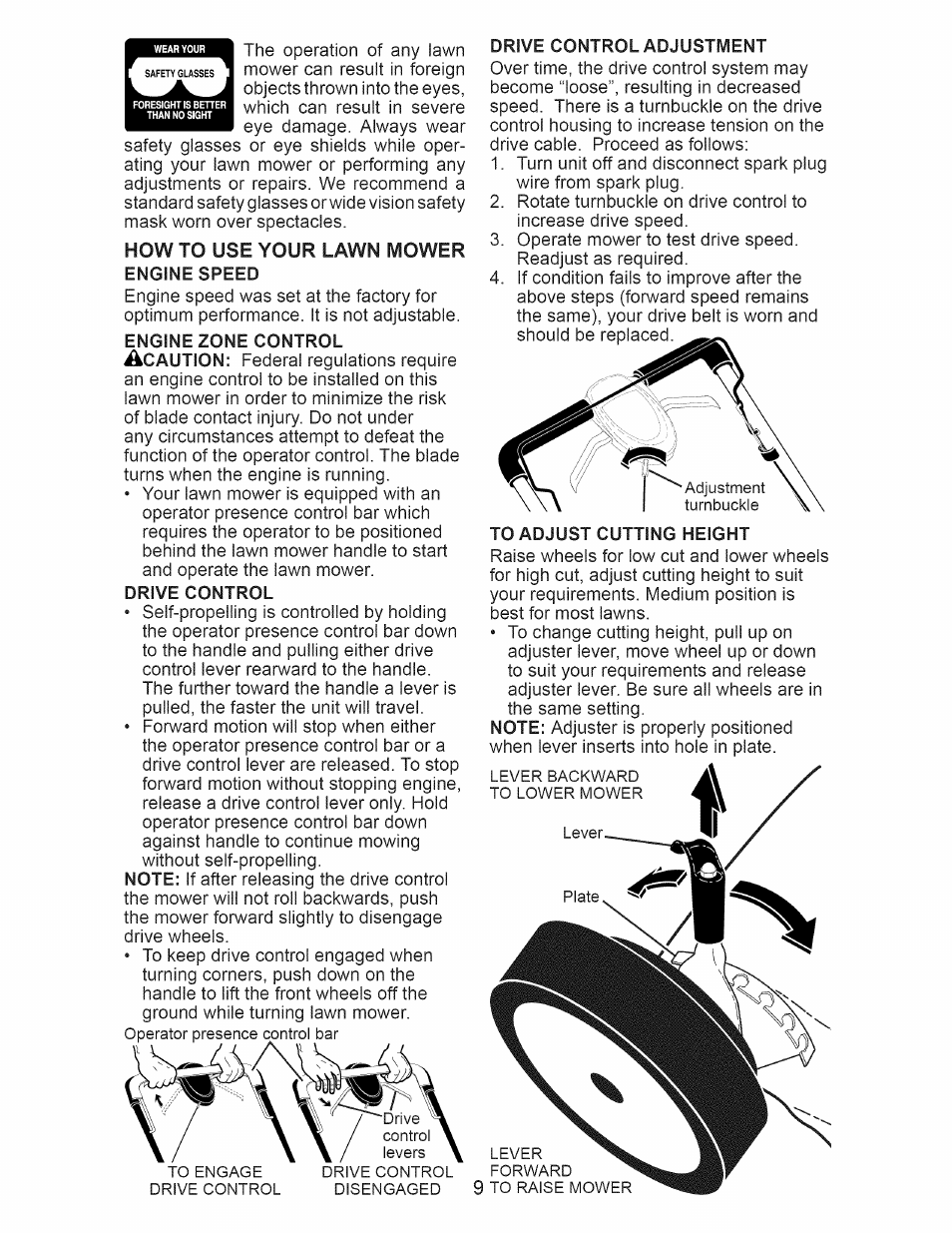 Engine speed, Engine zone control, Drive control | Drive control adjustment, To adjust cutting height | Craftsman 917.376536 User Manual | Page 9 / 52