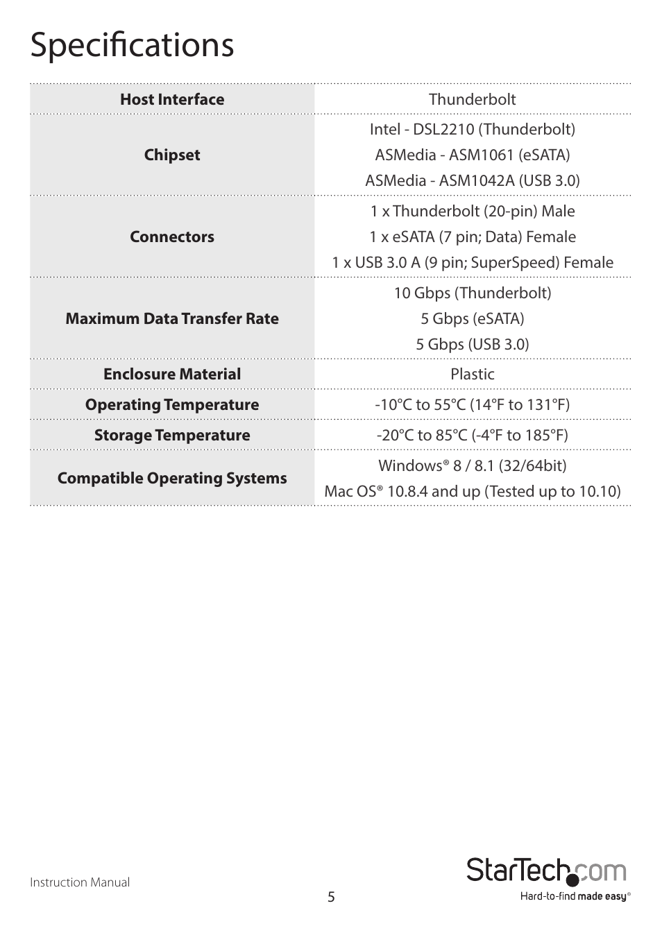 Specifications | StarTech.com TB2USB3ES User Manual | Page 8 / 10