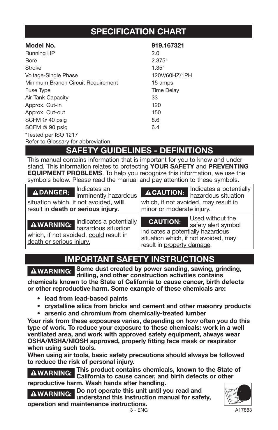 Specification chart, Safety guidelines - definitions, Important safety instructions | Craftsman PERMANENTLY LUBRICATED TANK MOUNTED AIR COMPRESSOR 919.167321 User Manual | Page 3 / 44
