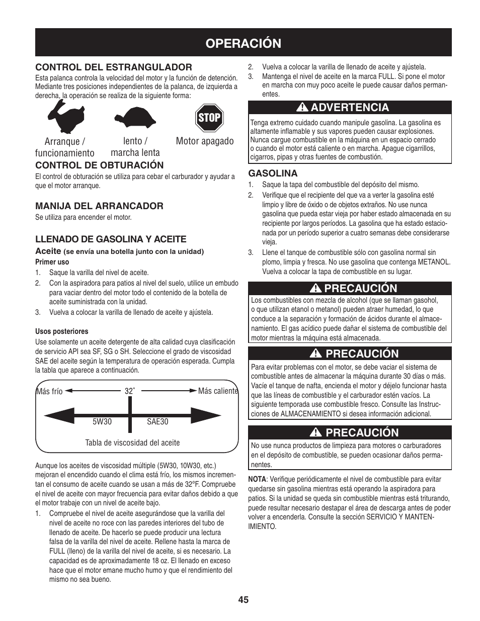 Operación, Precaución, Advertencia | Craftsman 247.77012 User Manual | Page 45 / 60