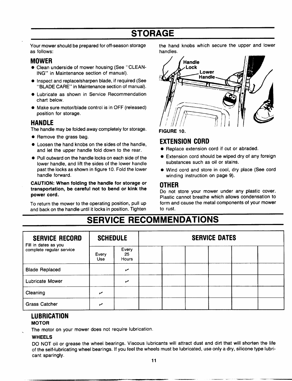 Storage, Mower, Handle | Extension cord, Other, Service recommendations, Lubrication, Service record, Schedule service dates | Craftsman 247.370320 User Manual | Page 11 / 19