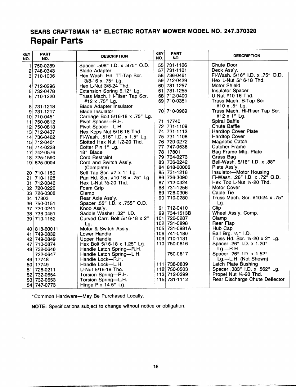 Repair parts | Craftsman 247.370320 User Manual | Page 15 / 19