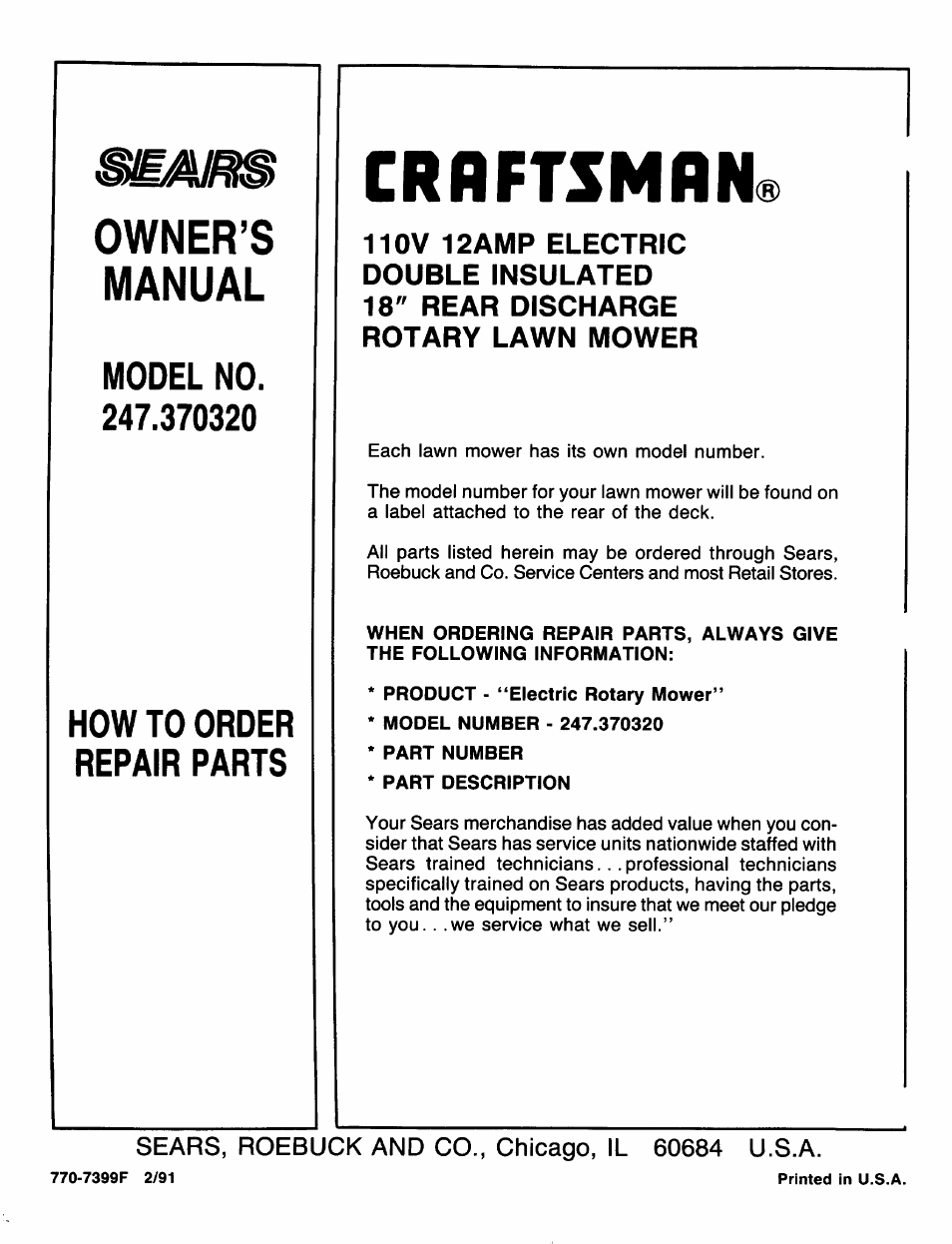 Sears, roebuck and co., chicago, il 60684 u.s.a, Crrftsmfln, Owner’s manual | Model no, How to order repair parts | Craftsman 247.370320 User Manual | Page 19 / 19