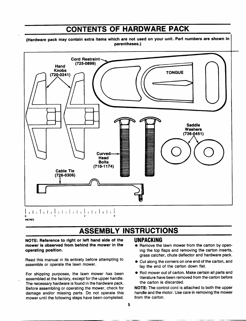 Unpacking, Contents of hardware pack, Assembly instructions | Craftsman 247.370320 User Manual | Page 5 / 19