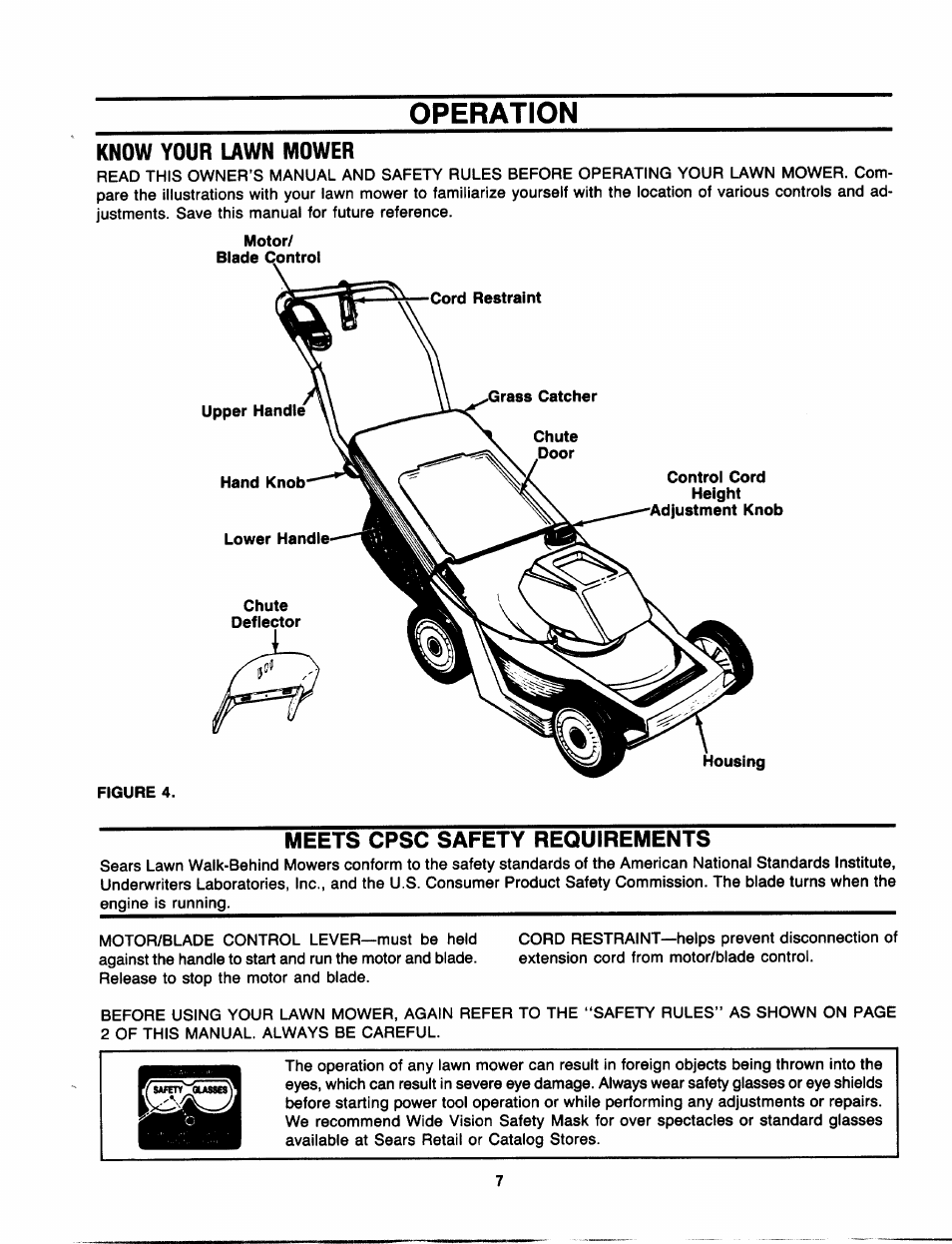 Operation, Know your lawn mower, Meets cpsc safety requirements | Craftsman 247.370320 User Manual | Page 7 / 19