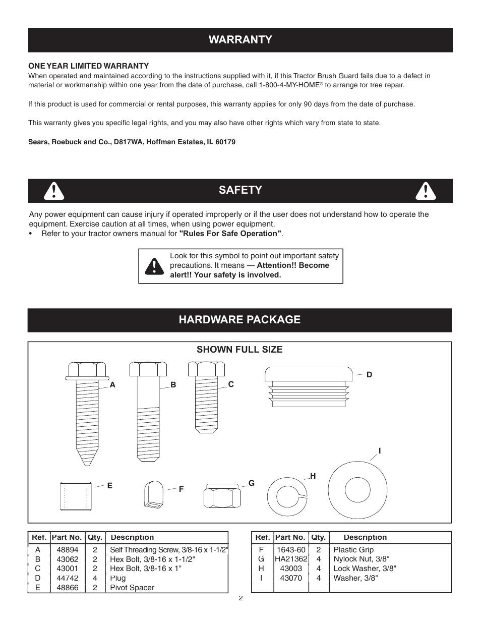 Safety, Hardware package, Warranty | Craftsman 486.246231 User Manual | Page 2 / 8