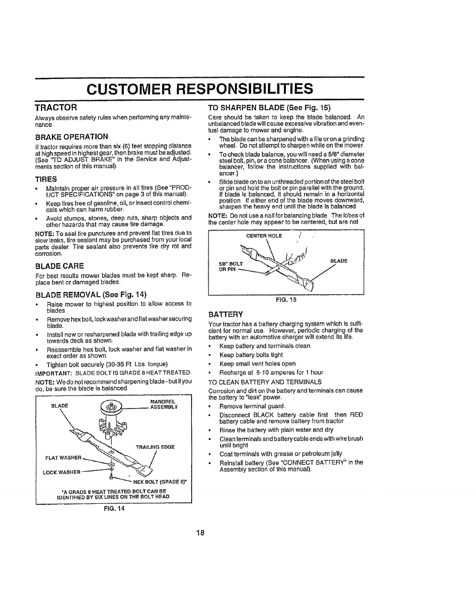 Tractor, Customer responsibilities, Operation | Care, Blade removal (see fig. 14) | Craftsman 917.258692 User Manual | Page 18 / 64