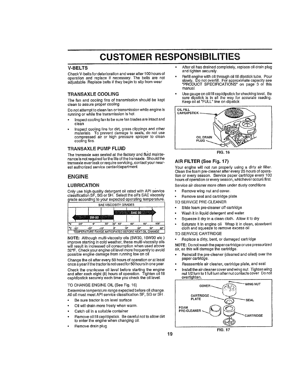 Engine, 1 i r, Customer responsibilities | V-belts, Transaxle cooling, Transaxle pump fluid, Lubrication, Air filter {see fig. 17) | Craftsman 917.258692 User Manual | Page 19 / 64