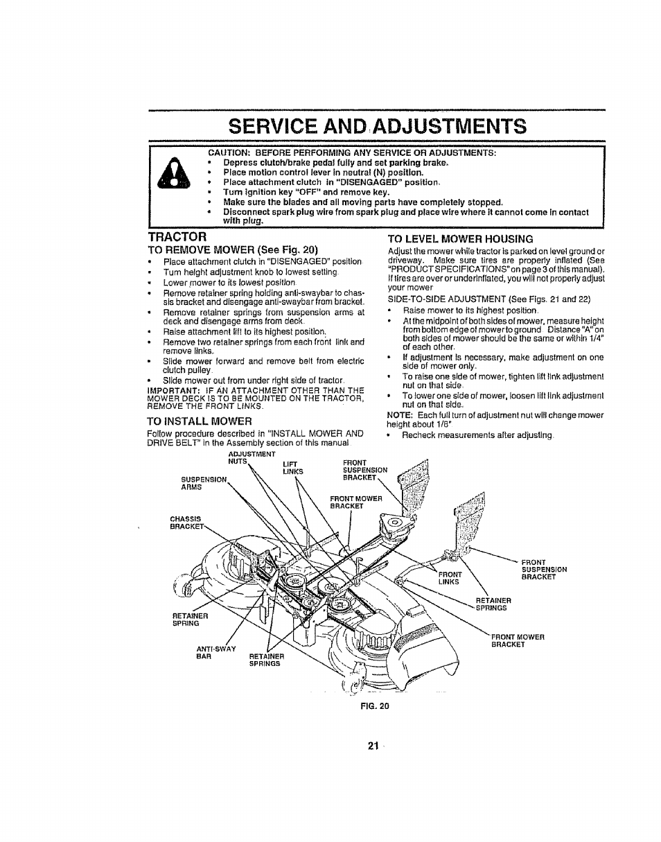 Tractor, Service and adjustments | Craftsman 917.258692 User Manual | Page 21 / 64