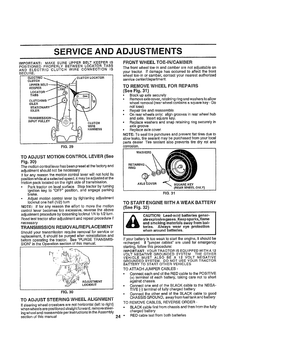 Service and adjustments, Transmission removal/replacement, Front wheel toe-in/camber | Craftsman 917.258692 User Manual | Page 24 / 64