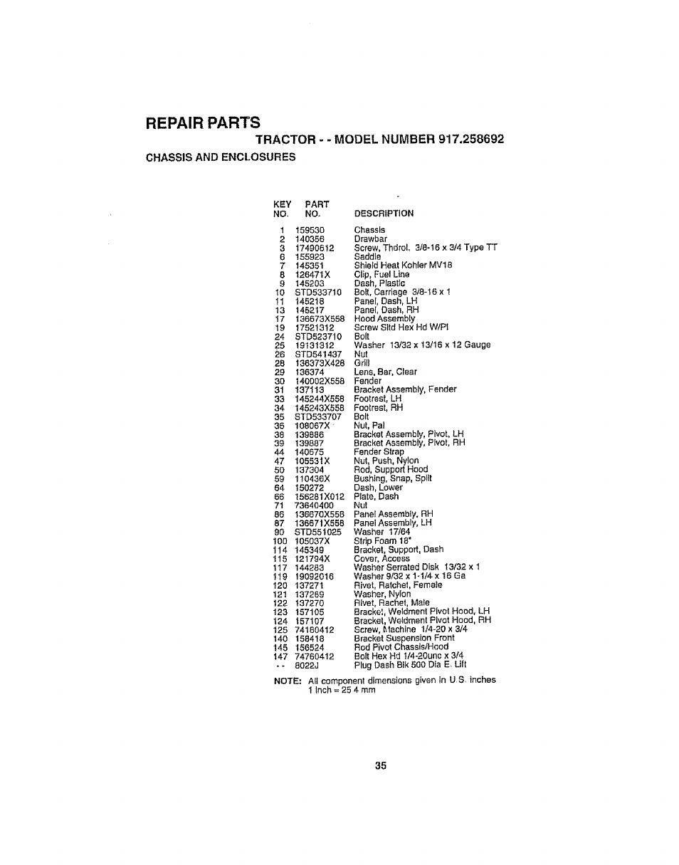 Repair parts, Tractor | Craftsman 917.258692 User Manual | Page 35 / 64