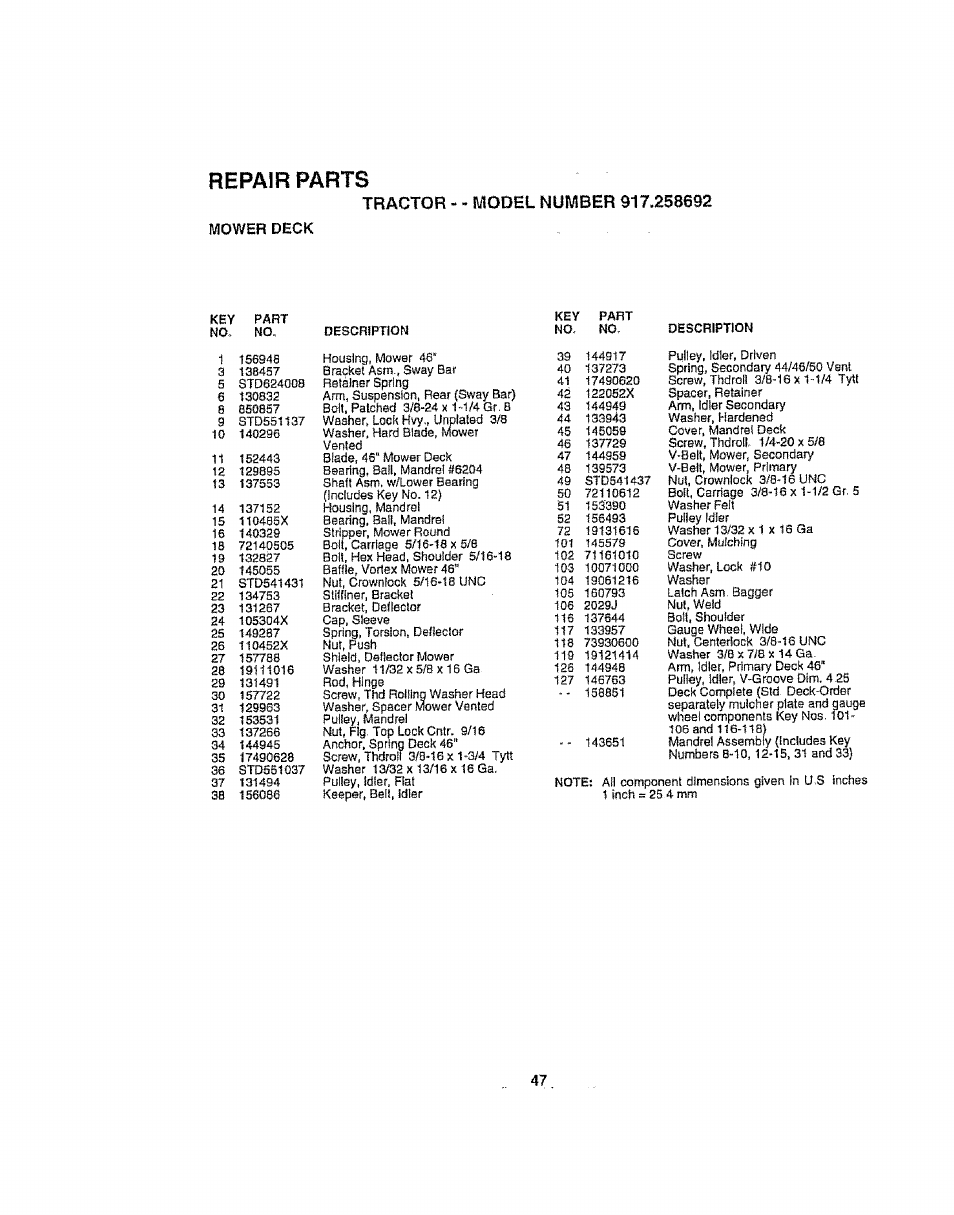 Repair parts, Mower deck | Craftsman 917.258692 User Manual | Page 47 / 64