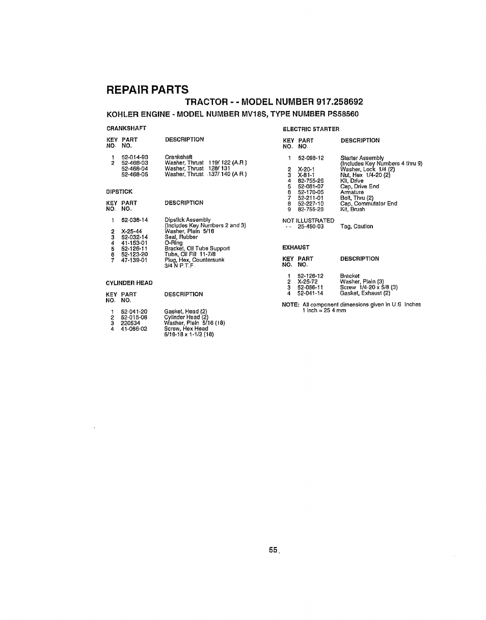 Repair parts | Craftsman 917.258692 User Manual | Page 55 / 64