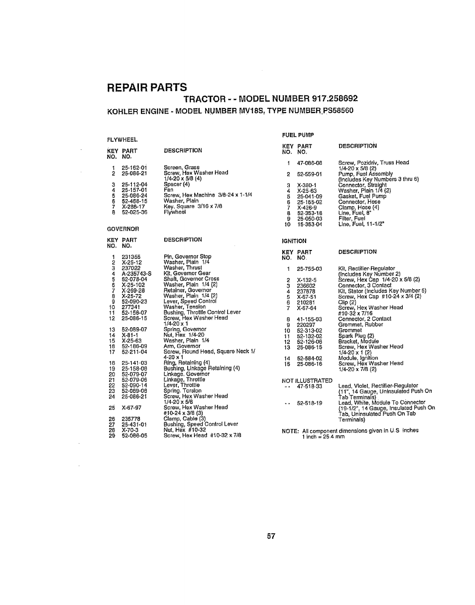 Repair parts | Craftsman 917.258692 User Manual | Page 57 / 64