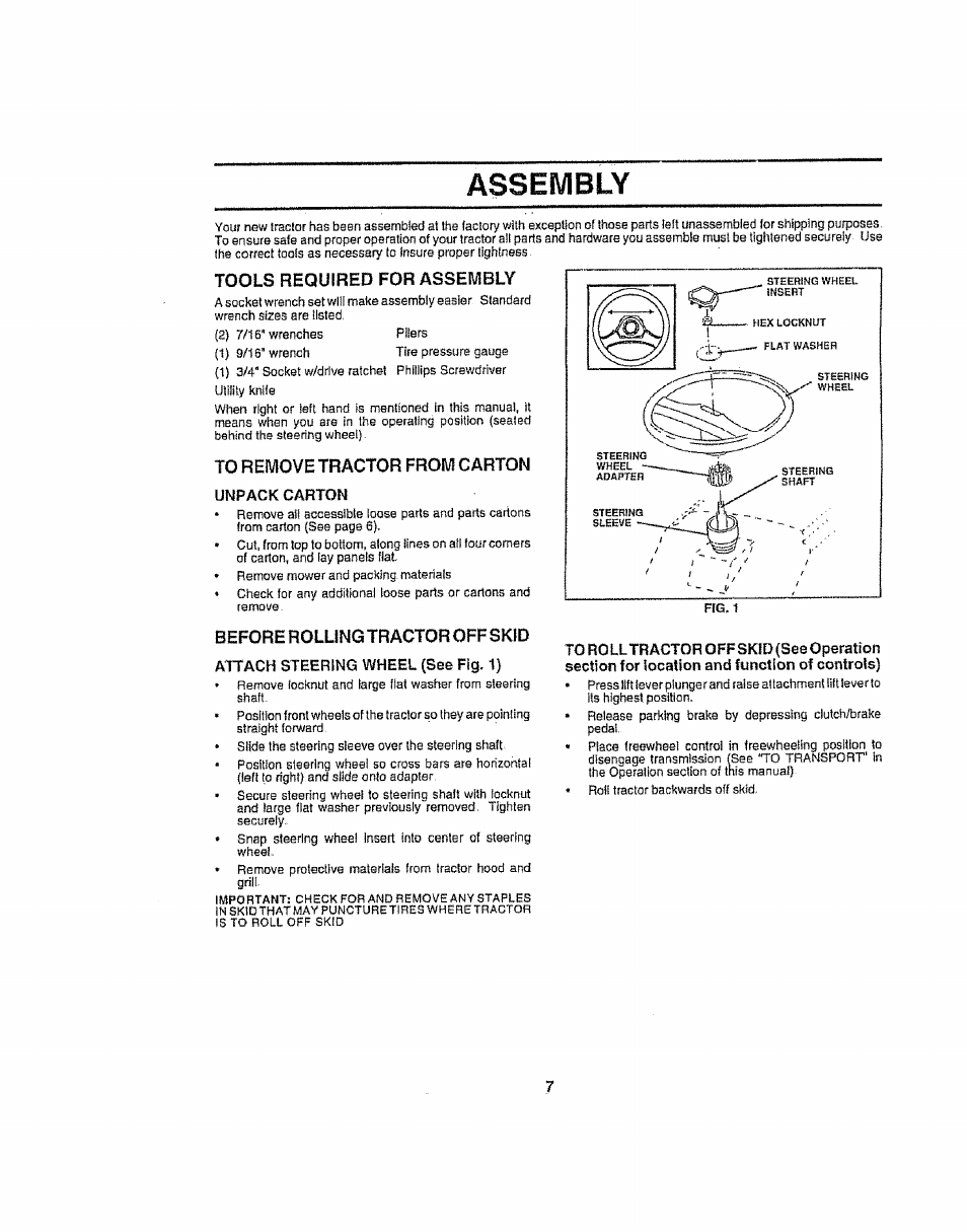 Tools required for assembly, To remove tractor from carton, Before rolling tractor off skid | Assembly | Craftsman 917.258692 User Manual | Page 7 / 64