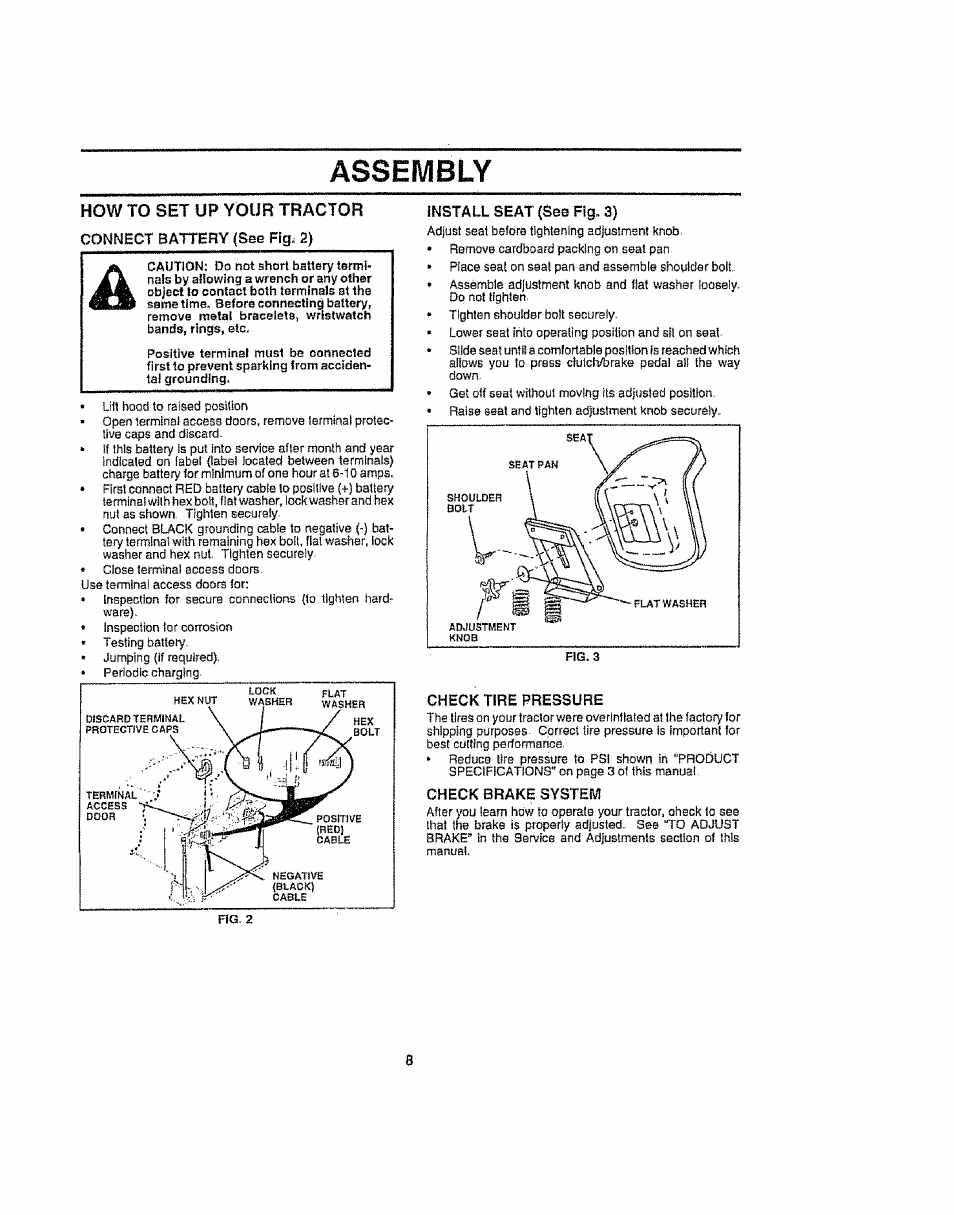 How to set up your tractor, Assembly, Fnstall seat (see fig. 3) | Check tire pressure, Check brake system | Craftsman 917.258692 User Manual | Page 8 / 64