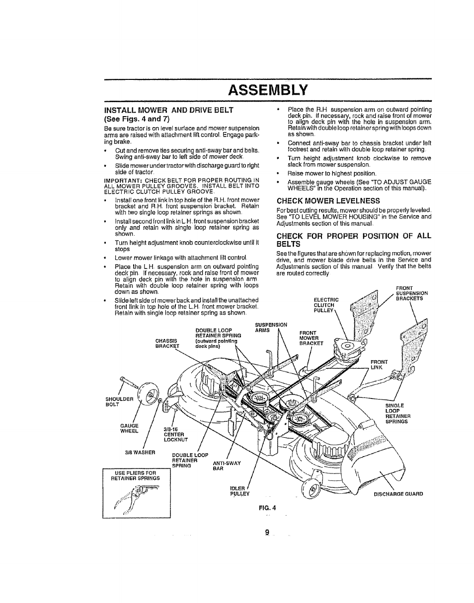Assembly, Install mower and drtve belt (see figs. 4 and 7), Check for proper position of all belts | Craftsman 917.258692 User Manual | Page 9 / 64