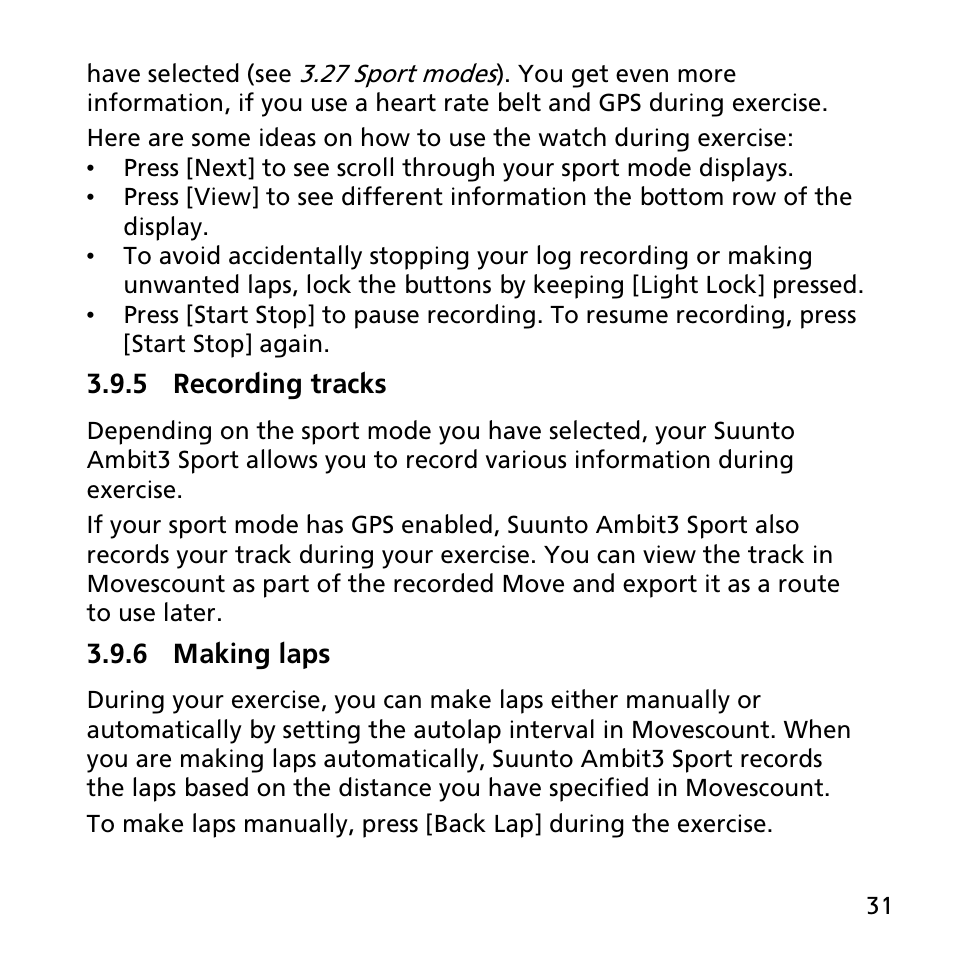 5 recording tracks, 6 making laps | SUUNTO AMBIT3 SPORT User Manual | Page 31 / 112