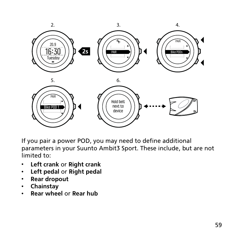 Left crank or right crank, Left pedal or right pedal, Rear dropout | Chainstay, Rear wheel or rear hub 59 | SUUNTO AMBIT3 SPORT User Manual | Page 59 / 112
