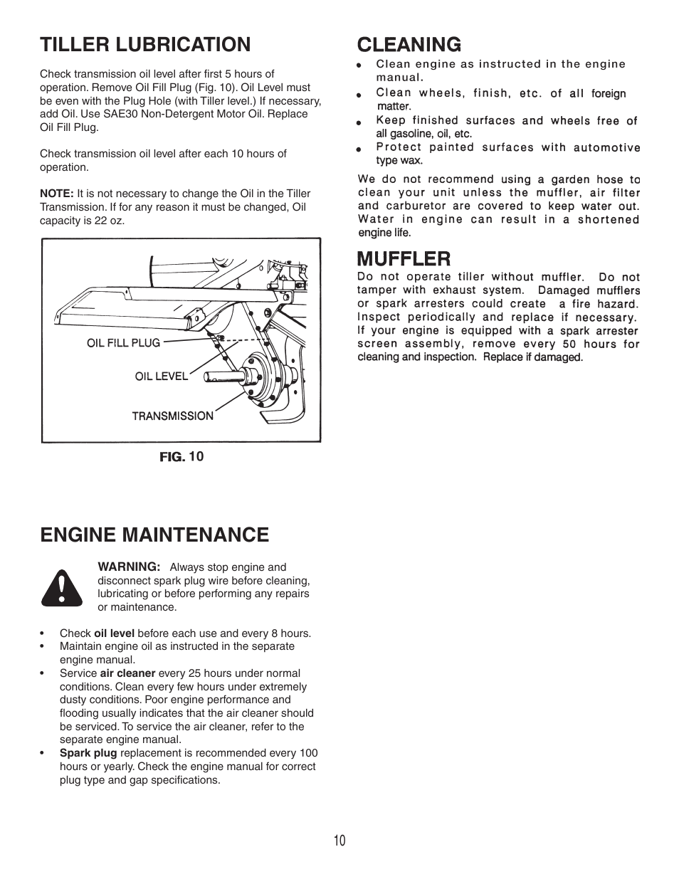 Engine maintenance, Tiller lubrication | Craftsman 486.252444 User Manual | Page 10 / 20