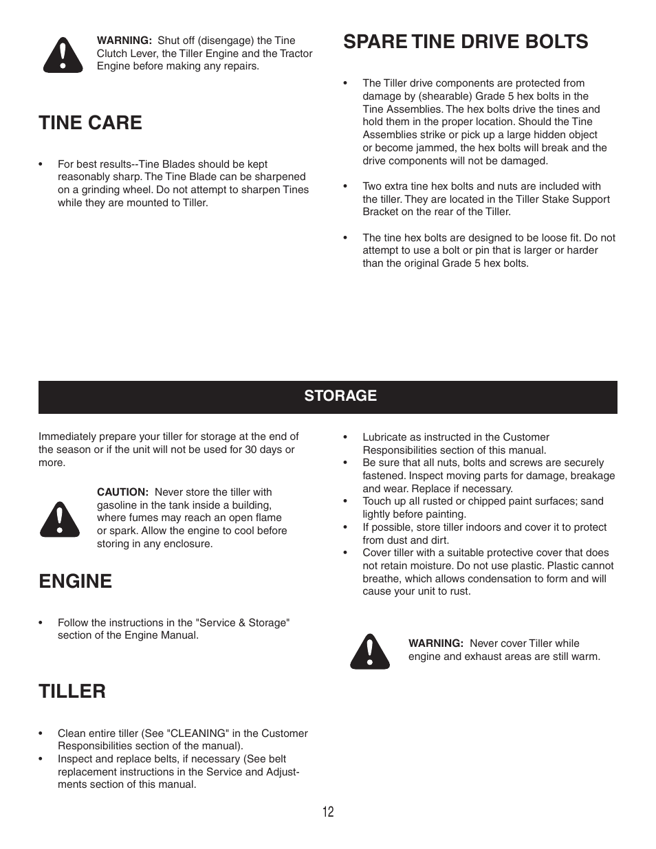 Tine care, Spare tine drive bolts, Engine | Tiller, Storage | Craftsman 486.252444 User Manual | Page 12 / 20