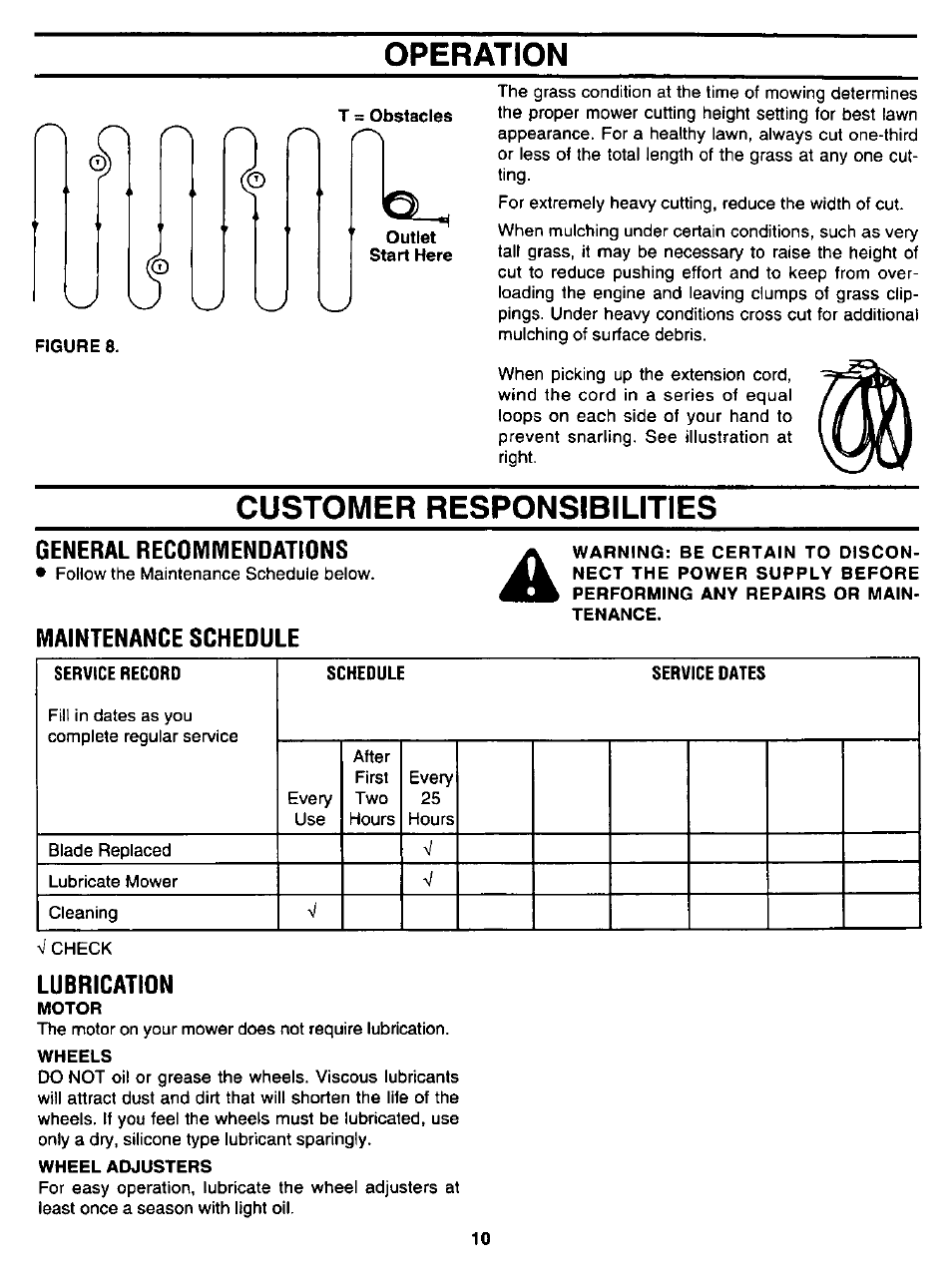 Customer responsibilities, General recommendations, Maintenance schedule | Lubrication, Operation | Craftsman 247.370251 User Manual | Page 10 / 18