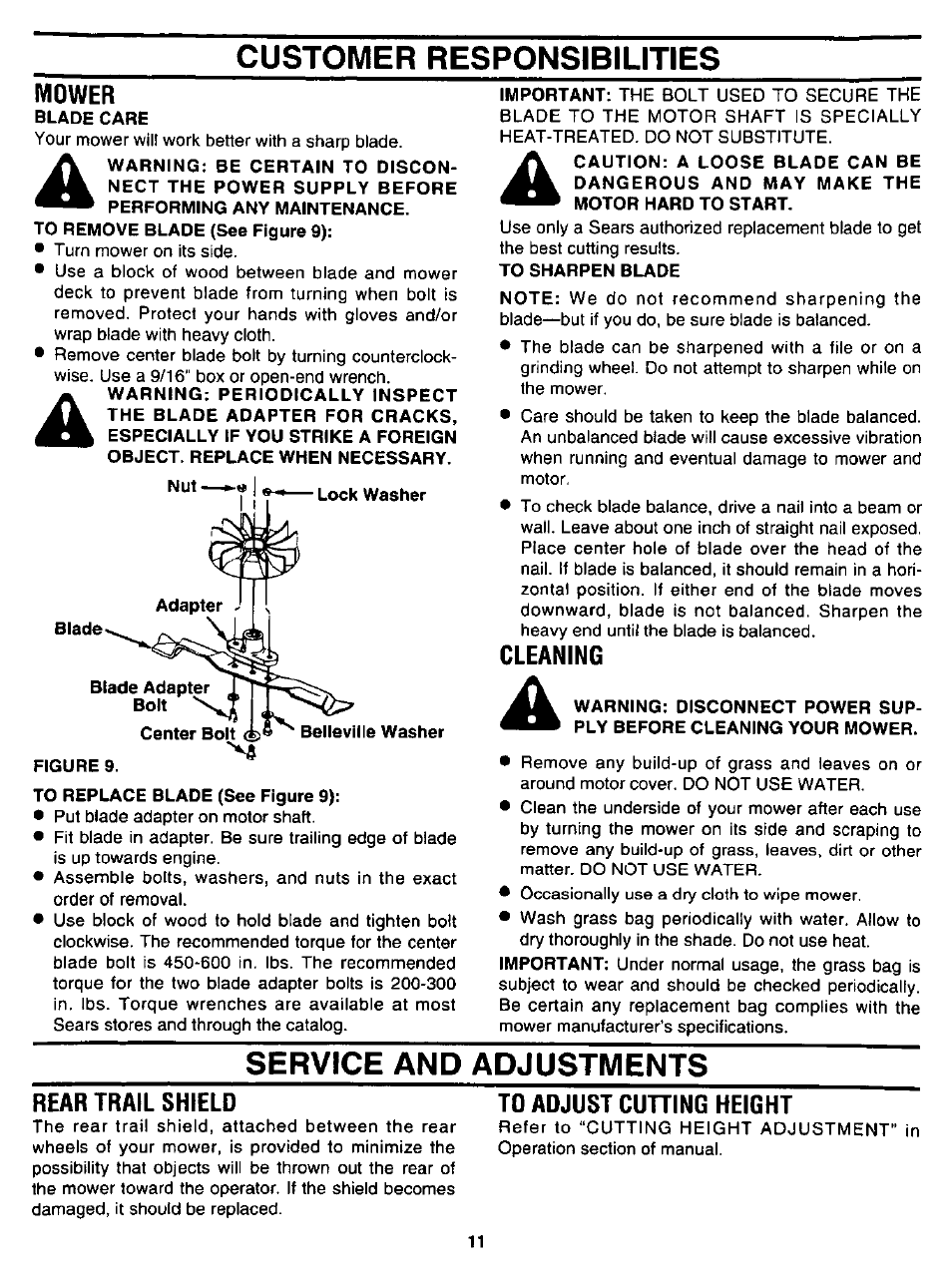 Customer responsibilities, Mower, Cleaning | Service and adjustments, Rear trail shield, To adjust cuning height | Craftsman 247.370251 User Manual | Page 11 / 18
