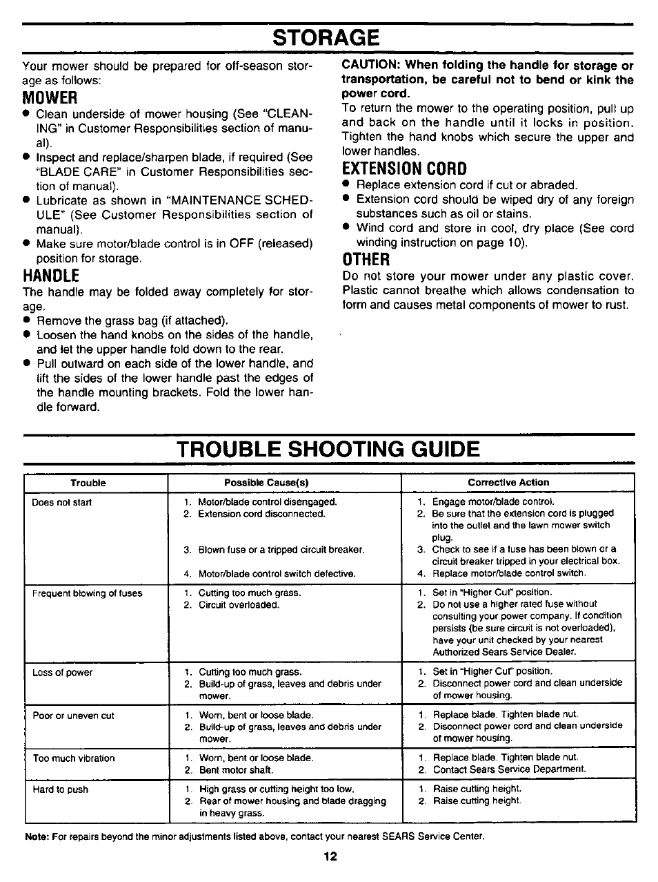 Storage, Mower, Handle | Extension cord, Other, Trouble shooting guide, Trouble shooting | Craftsman 247.370251 User Manual | Page 12 / 18