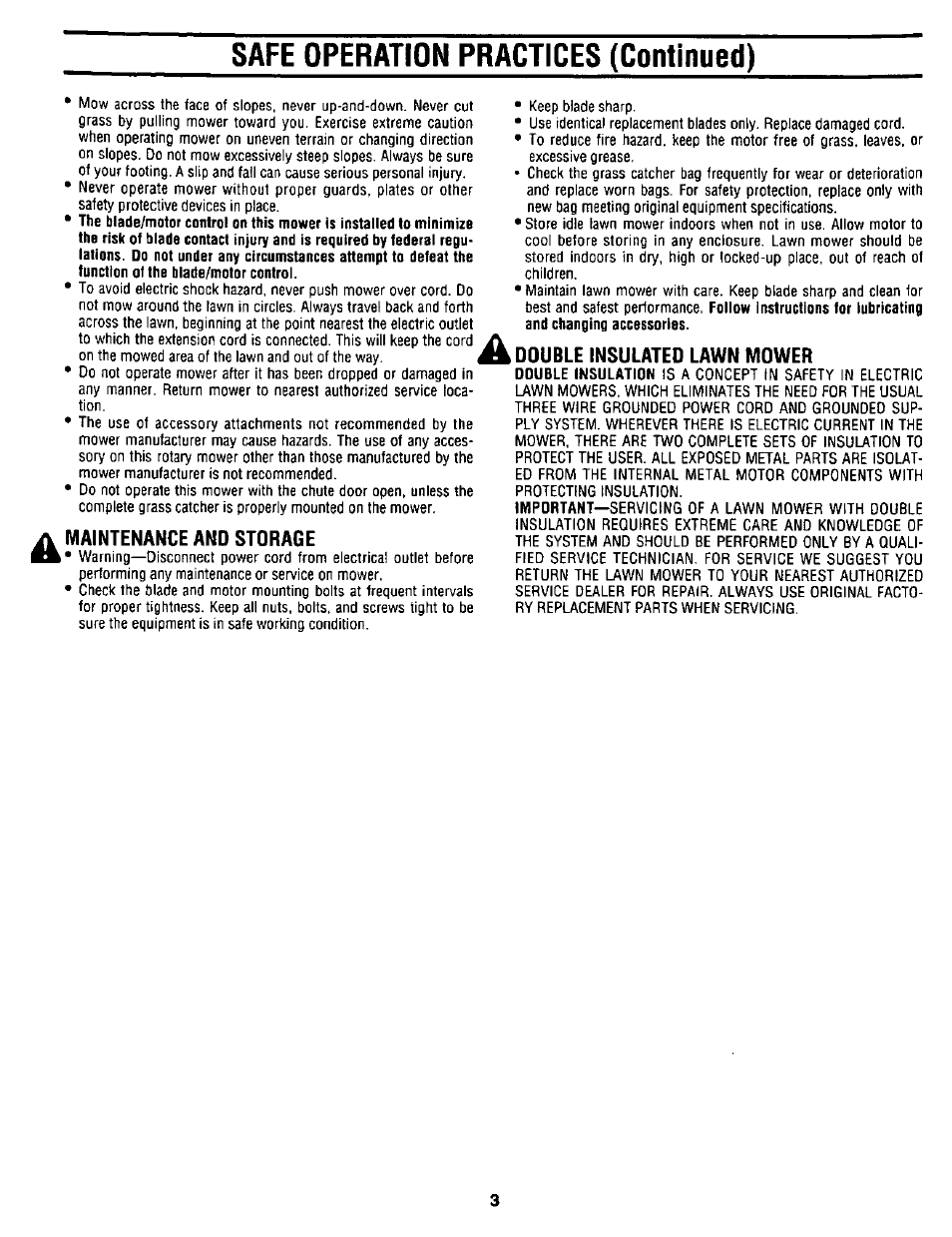 Maintenance and storage, Double insulated lawn mower, Safe operation practices (continued) | Craftsman 247.370251 User Manual | Page 3 / 18