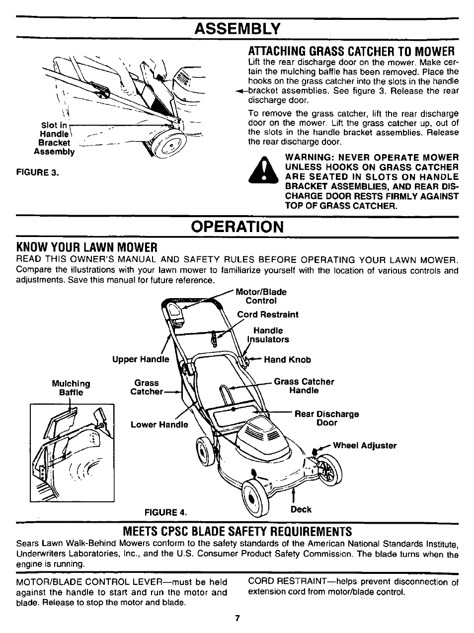 Assembly, Ahaching grass catcher to mower, Operation | Know your lawn mower, Meets cpsc blade safety requirements, Operation -10 | Craftsman 247.370251 User Manual | Page 7 / 18