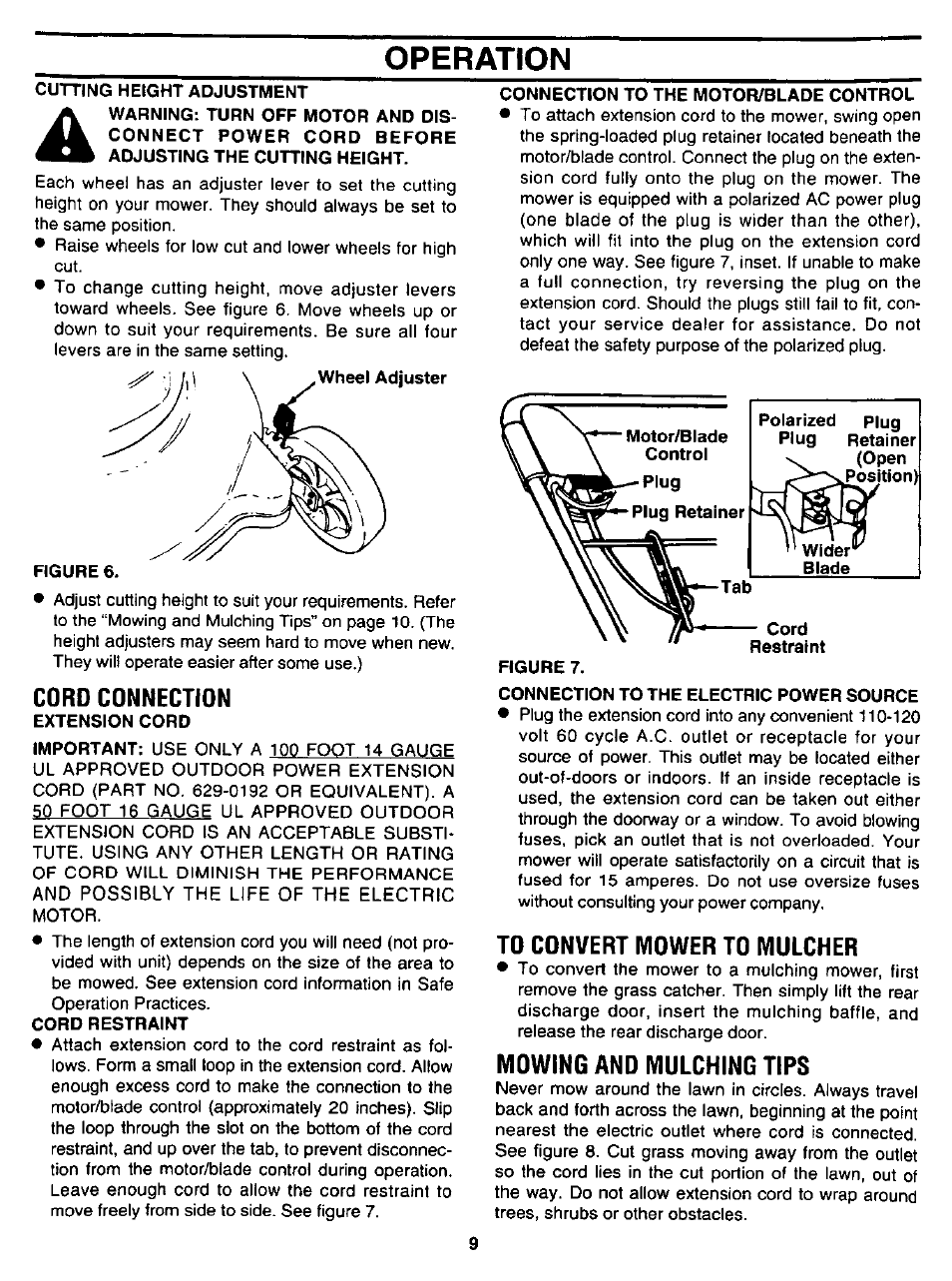 Cord connection, To convert mower to mulcher, Mowing and mulching tips | Operation | Craftsman 247.370251 User Manual | Page 9 / 18