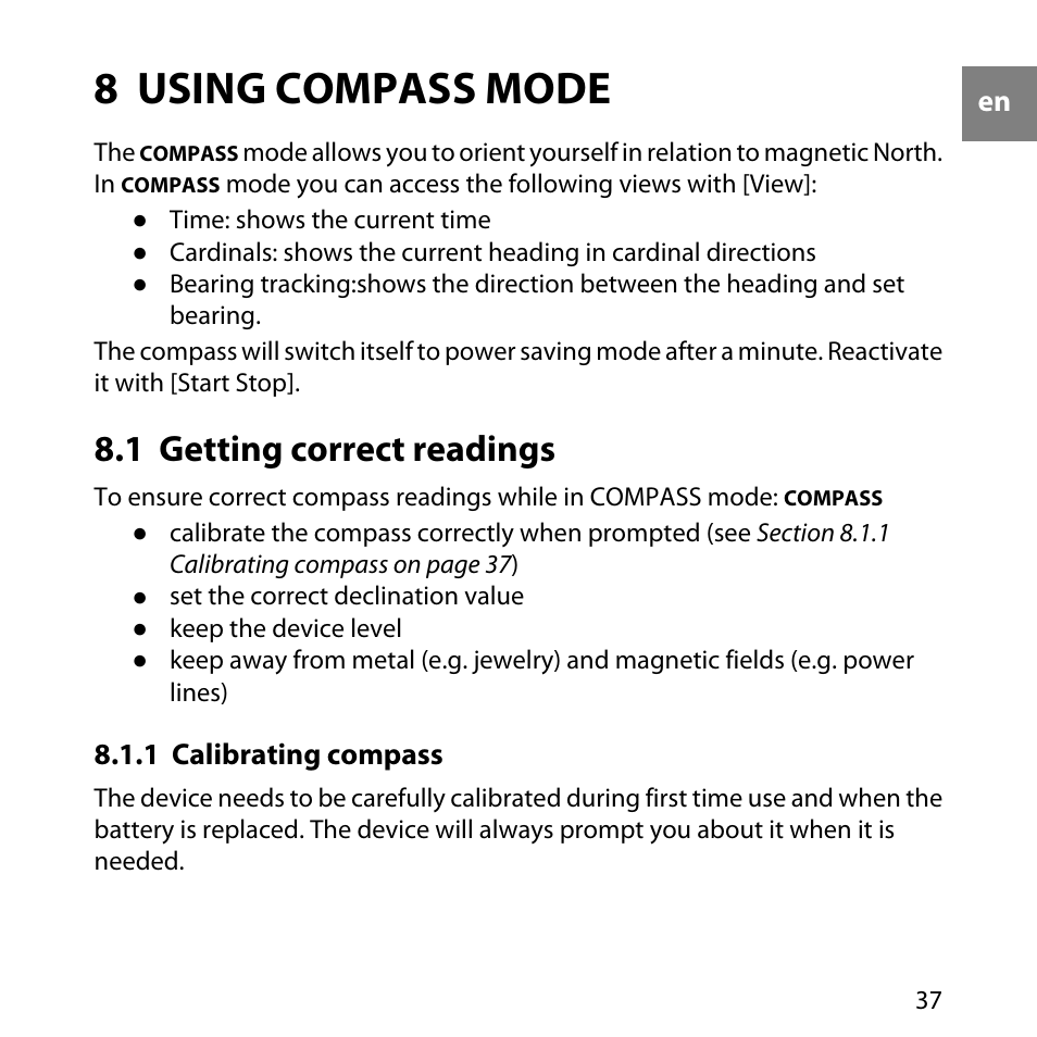8 using compass mode, 1 getting correct readings, 1 calibrating compass | SUUNTO Core User Manual | Page 37 / 58