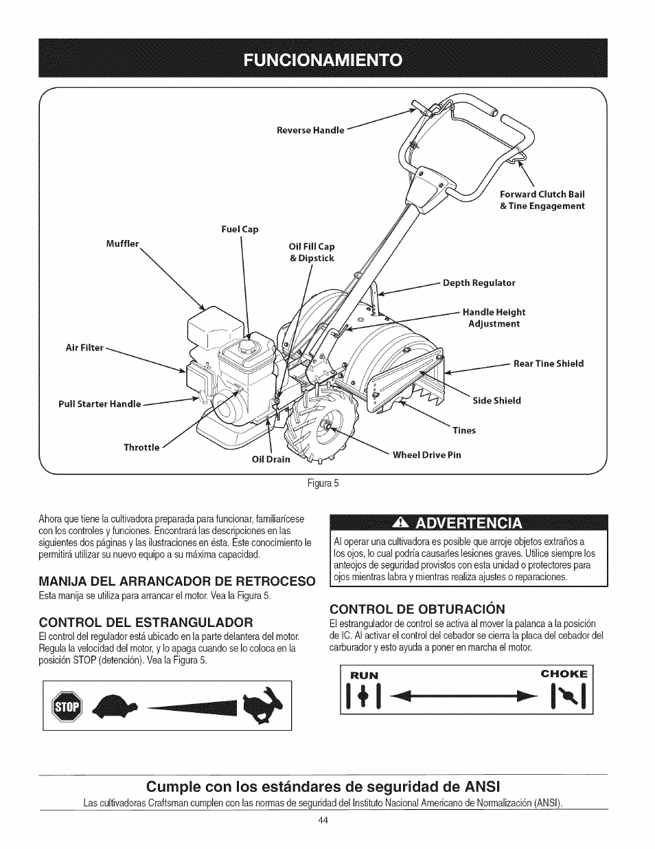 Manija del arrancador de retroceso, Control del estrangulador, Ák advertencia | Control de obturacion, Cumple con los estándares de seguridad de ansi, Funcionamiento, Advertencia | Craftsman 247.29931 User Manual | Page 44 / 64