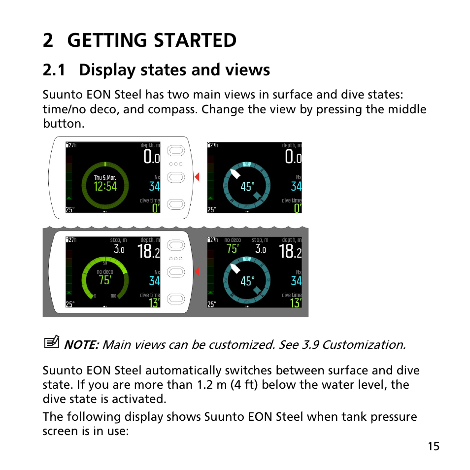2 getting started, 1 display states and views | SUUNTO EON STEEL User Manual | Page 15 / 78