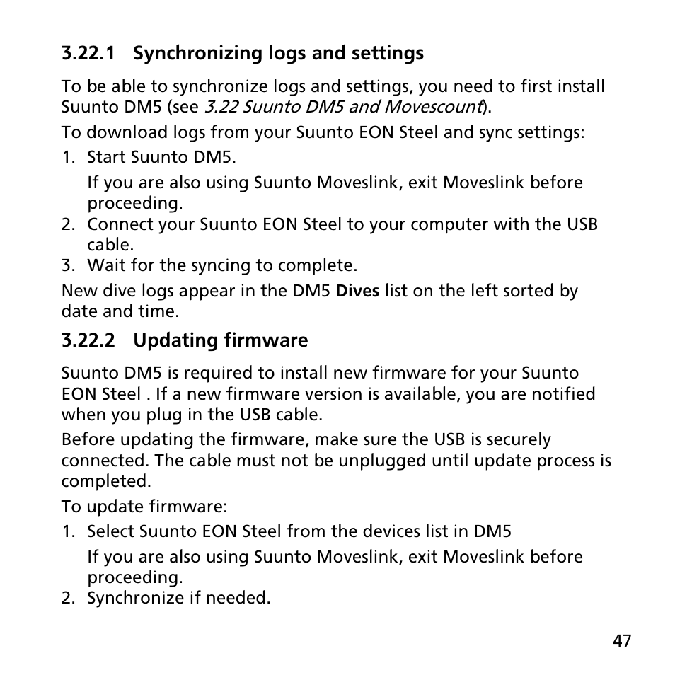 1 synchronizing logs and settings, 2 updating firmware | SUUNTO EON STEEL User Manual | Page 47 / 78