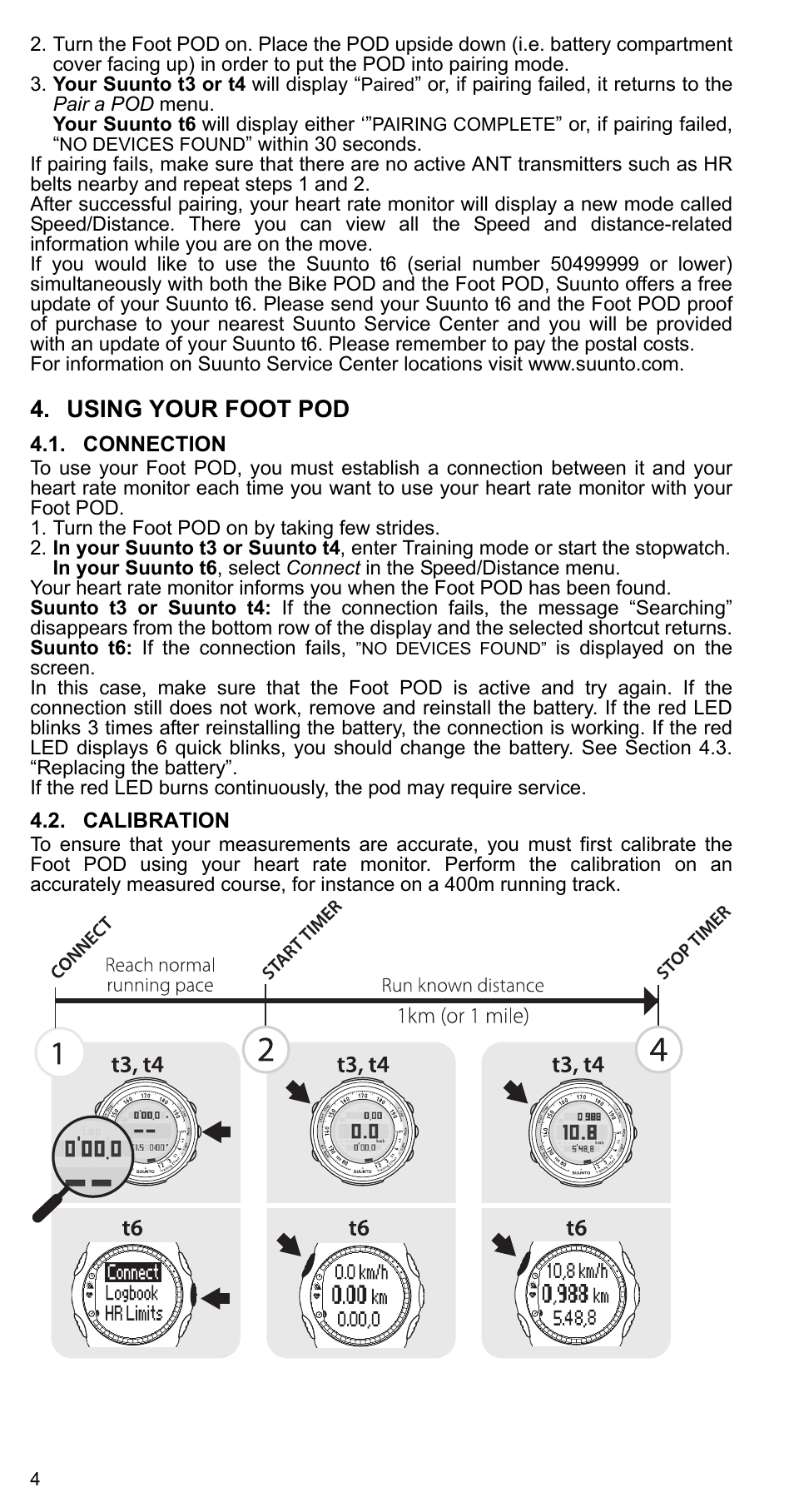 Using your foot pod, Connection, Calibration | SUUNTO FOOT POD User Manual | Page 4 / 8