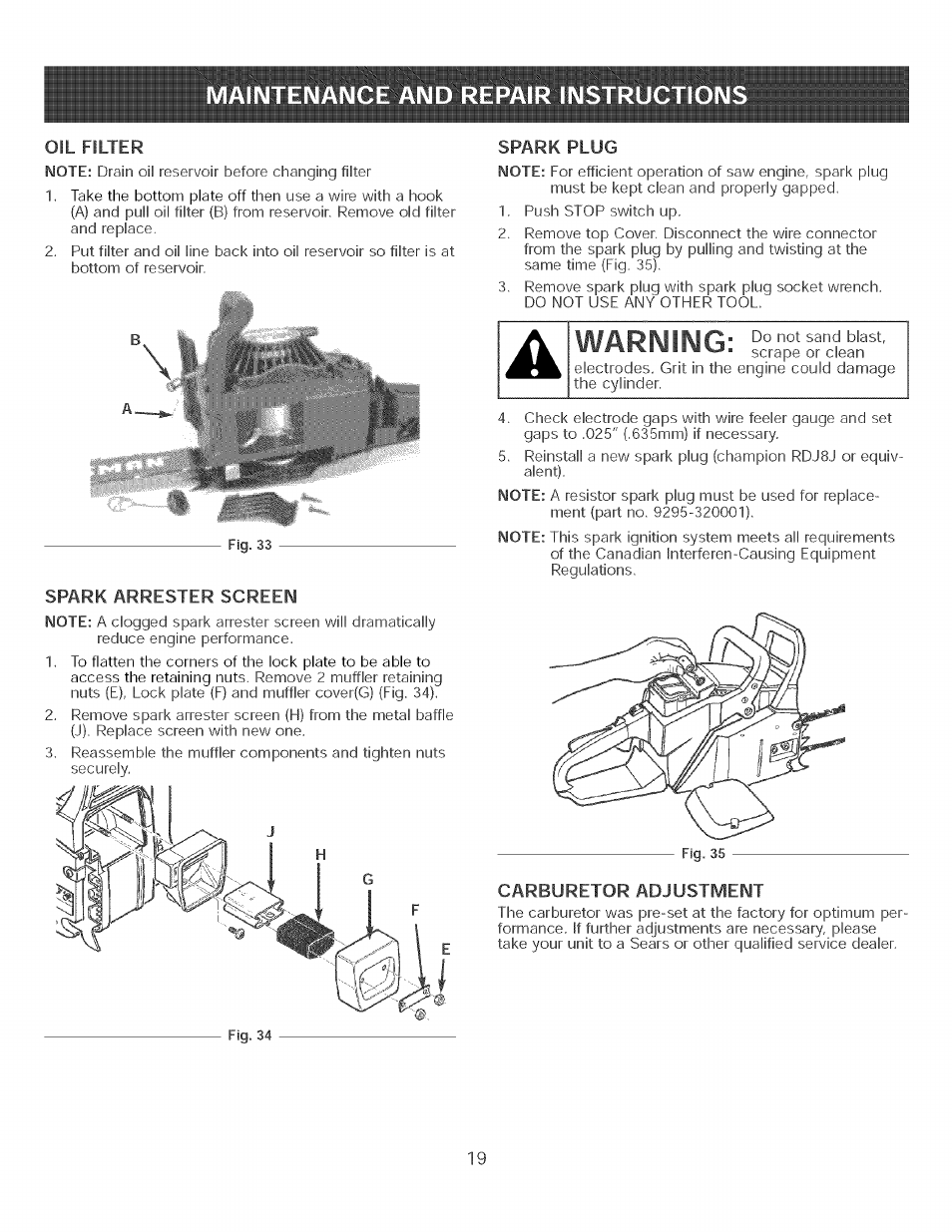 Warning | Craftsman 316.350840 User Manual | Page 19 / 28