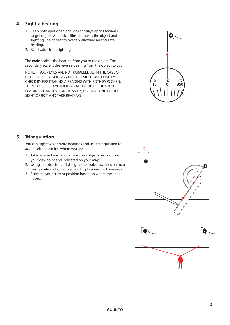 Sight a bearing, Triangulation | SUUNTO KB-20 User Manual | Page 2 / 3