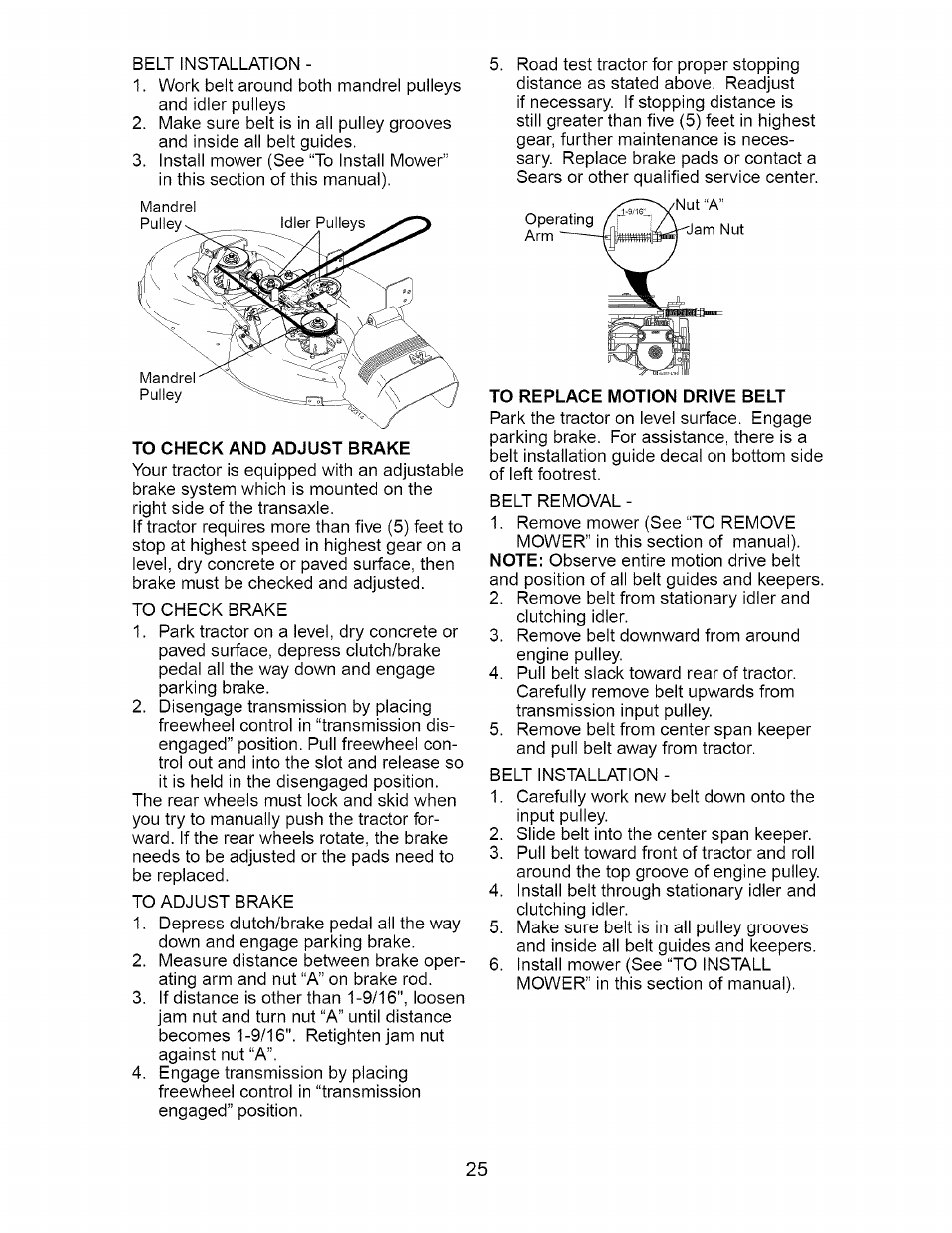To check and adjust brake, To replace motion drive belt | Craftsman Dlt 3000 917.275820 User Manual | Page 25 / 56
