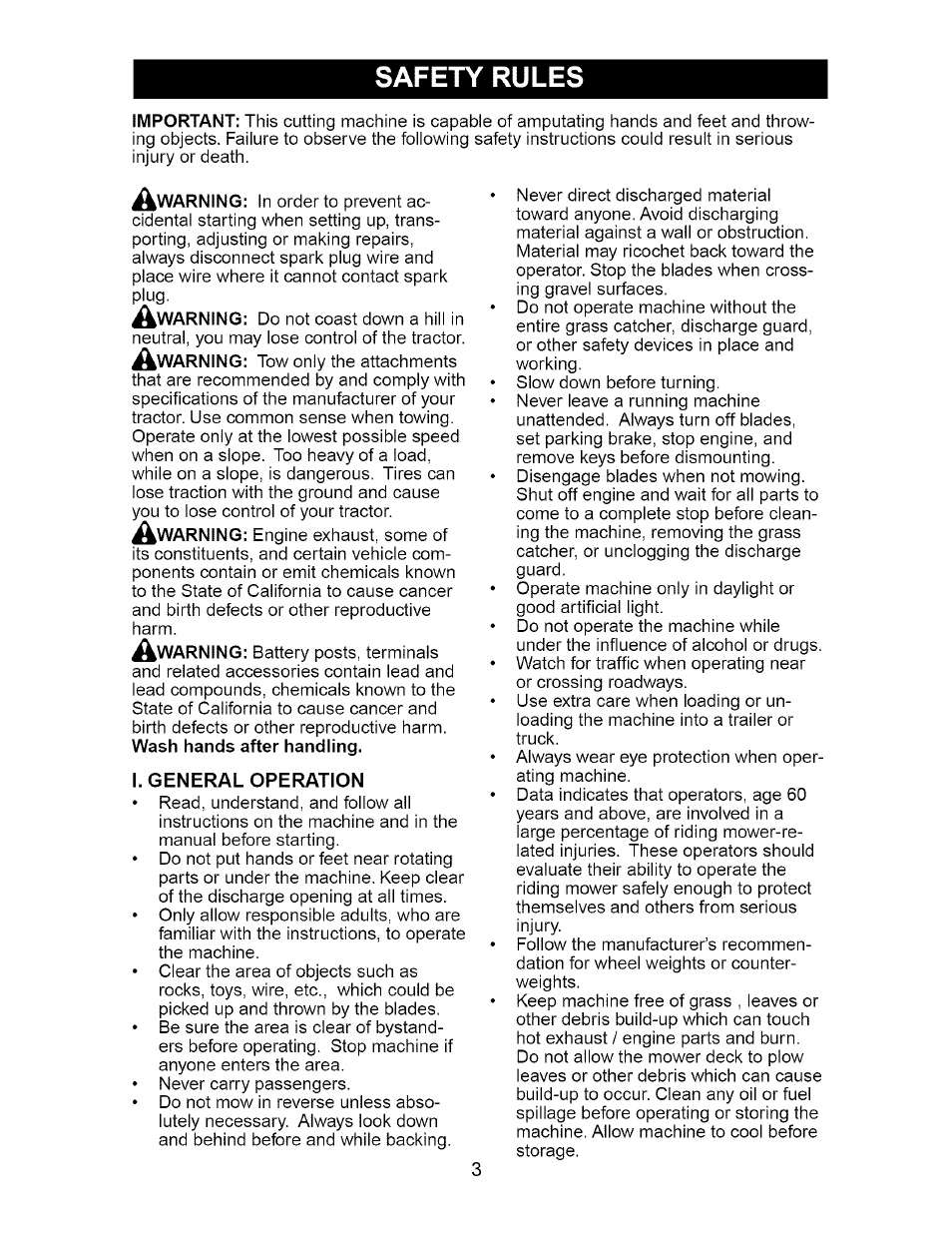 I. general operation, Safety rules | Craftsman Dlt 3000 917.275820 User Manual | Page 3 / 56