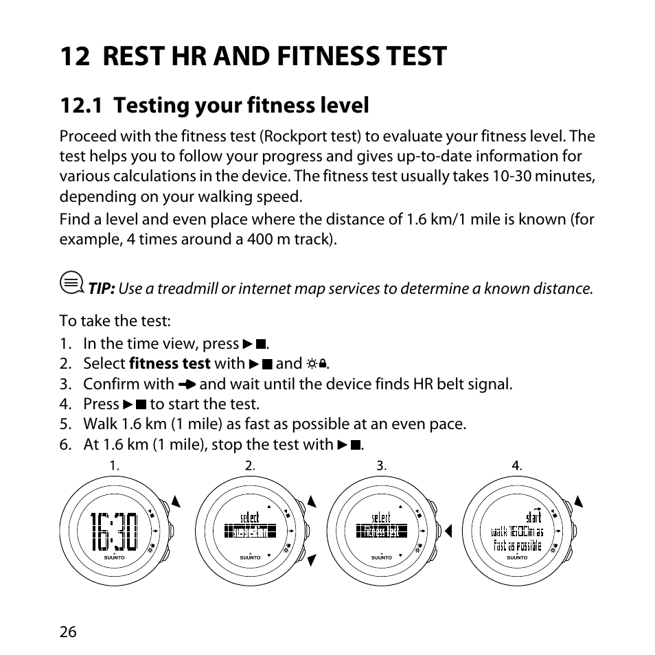12 rest hr and fitness test, 1 testing your fitness level | SUUNTO M5 User Manual | Page 26 / 47