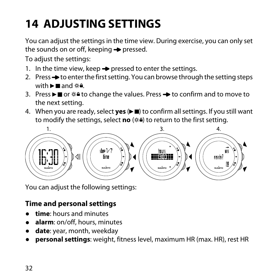 14 adjusting settings, Time and personal settings | SUUNTO M5 User Manual | Page 32 / 47